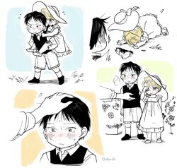 Rule 34 | 1boy, 1girl, aged down, black hair, bleeding, blonde hair, blood, blush, breath, carrying, child, comic, crying, dress, faceplant, flower, flying sweatdrops, fullmetal alchemist, hand on another&#039;s head, hand up, hat, hat loss, headpat, injury, jellymlk, out of frame, outstretched arm, partially colored, pebble, piggyback, riza hawkeye, rose, rose bush, roy mustang, scratches, shoes, short hair, short sleeves, shorts, silent comic, socks, stuffed animal, stuffed dog, stuffed toy, sun hat, sundress, surprised, sweat, tears, trembling, tripping, white dress, white headwear, wiping tears