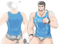 Rule 34 | 1boy, alternate costume, animal print, arm tattoo, artist self-insert, ass, bara, bare arms, beard, black hair, blue headband, blue shirt, briefs, brucie (infighter821), bulge, can, commission, cross, cross necklace, dungeon and fighter, facial hair, from behind, headband, heart, highres, holding, holding can, jewelry, kulolin, looking at viewer, male focus, male priest (dungeon and fighter), male underwear, mature male, multiple views, muscular, muscular male, necklace, no pants, pectorals, print male underwear, ring, shirt, short hair, sketch, sleeveless, sleeveless shirt, smirk, tail, tattoo, thick thighs, thighs, tiger print, tiger tail, underwear