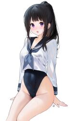 Rule 34 | 1girl, arm support, black hair, black one-piece swimsuit, blue sailor collar, blunt bangs, blush, breasts, chitanda eru, cleavage, covered navel, cropped shirt, grey neckerchief, highleg, highleg swimsuit, highres, hyouka, invisible chair, long hair, long sleeves, looking at viewer, medium breasts, mery (yangmalgage), neckerchief, one-piece swimsuit, open mouth, ponytail, purple eyes, sailor collar, school uniform, see-through, serafuku, shirt, simple background, sitting, smile, solo, swimsuit, swimsuit under clothes, wet, wet clothes, wet hair, wet shirt, wet swimsuit, white background, white shirt