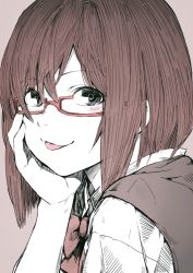 Rule 34 | 10s, 1girl, bow, brown hair, female focus, glasses, hand on own cheek, hand on own face, idolmaster, idolmaster cinderella girls, kakeshou, maekawa miku, muted color, pale color, partially colored, pink background, red-framed eyewear, red bow, short hair, smile, solo, tongue, tongue out, upper body