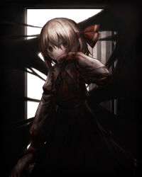 Rule 34 | 1girl, blonde hair, blood, bow, hair bow, highres, long sleeves, looking at viewer, red eyes, rumia, short hair, solo, spark621, touhou