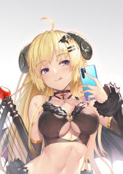 Rule 34 | 1girl, :q, ahoge, alternate costume, bad id, bad pixiv id, bare shoulders, black choker, black shirt, blonde hair, breasts, choker, cleavage, cleavage cutout, closed mouth, clothing cutout, crop top, cross, demon wings, detached sleeves, fur trim, gradient background, grey background, hair ornament, hairclip, hand up, harp, highres, holding, holding phone, hololive, horns, instrument, large breasts, long hair, looking away, midriff, musyne xsk, navel, phone, purple eyes, revealing clothes, sheep horns, shirt, smile, solo, stomach, tongue, tongue out, tsunomaki watame, upper body, virtual youtuber, wings
