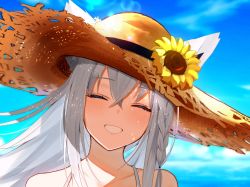 Rule 34 | 1girl, :d, animal ears, blue sky, blush, braid, brown hat, closed eyes, collarbone, day, ears through headwear, facing viewer, flower, fox ears, grey hair, grin, hat, hat flower, highres, hololive, lens flare, long hair, oniku (o29sukizero), open mouth, outdoors, parted lips, portrait, shirakami fubuki, side braid, sky, smile, solo, straw hat, sunflower, virtual youtuber, yellow flower