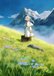 Rule 34 | 1girl, absurdres, black pantyhose, blue flower, blue sky, capelet, cloud, dress, elf, expressionless, flower, gold trim, grass, green eyes, hashtag-only commentary, highres, hill, long hair, long sleeves, looking at viewer, mountain, mountainous horizon, nemophila (flower), outdoors, pantyhose, pointy ears, sky, sleeve cuffs, solo, sousou no frieren, standing, suitcase, twintails, white capelet, white dress, white hair, xiaomai yorik