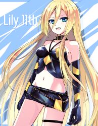 Rule 34 | 1girl, belt collar, black collar, black gloves, black shirt, black skirt, blonde hair, blue background, blue eyes, breasts, character name, collar, collarbone, crop top, elbow gloves, gloves, gothloli dokuro, hair between eyes, highres, lily (vocaloid), long hair, looking at viewer, microskirt, multicolored clothes, multicolored gloves, multicolored shirt, multicolored skirt, open mouth, shadow, shirt, skirt, small breasts, smile, solo, standing, teeth, upper teeth only, very long hair, vocaloid, white background, yellow gloves, yellow shirt, yellow skirt