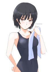 Rule 34 | 1girl, amagami, black hair, black one-piece swimsuit, breasts, brown eyes, commentary request, competition swimsuit, covered navel, hand on own hip, highres, holding, holding towel, looking at viewer, medium breasts, mitojyaneeeeyo, nanasaki ai, one-piece swimsuit, short hair, solo, swimsuit, towel, twitter username, white background