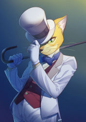 Rule 34 | 04sora40, 1boy, adjusting clothes, adjusting headwear, blue bow, blue bowtie, bow, bowtie, cane, cat, commentary, formal, furry, furry male, gloves, green eyes, hat, looking at viewer, neko no ongaeshi, red vest, simple background, smile, solo, standing, suit, the baron, top hat, vest, white gloves