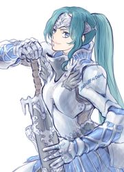 Rule 34 | 1girl, armor, blue eyes, fantasy, green hair, hair behind ear, highres, holding, holding sheath, holding sword, holding weapon, knight, metal gloves, original, parted bangs, ponytail, sheath, silver hairband, smile, solo, sword, weapon, white background, yonemura kouichirou