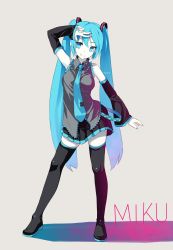 Rule 34 | 1girl, absurdres, aqua eyes, aqua hair, arm up, detached sleeves, fkey, hatsune miku, highres, long hair, necktie, pale skin, simple background, skirt, smile, solo, thighhighs, twintails, very long hair, vocaloid, zettai ryouiki