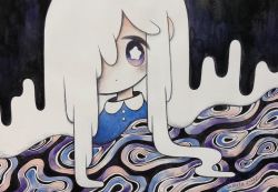 Rule 34 | 1girl, abstract, blue dress, bright pupils, dress, expressionless, hair over one eye, highres, long hair, original, purple eyes, solo, upper body, white hair, white pupils, zukky000
