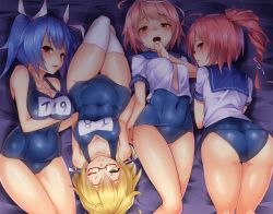 Rule 34 | 10s, 4girls, ahoge, ass, ayagi daifuku, blonde hair, blue hair, breasts, glasses, hair ornament, hair ribbon, hat, i-168 (kancolle), i-19 (kancolle), i-58 (kancolle), i-8 (kancolle), kantai collection, large breasts, long hair, multiple girls, one-piece swimsuit, pink hair, ponytail, red eyes, red hair, ribbon, school swimsuit, school uniform, serafuku, short hair, swimsuit, swimsuit under clothes, thighhighs, twintails