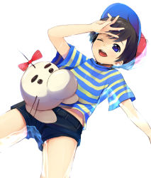 Rule 34 | 1boy, bad id, bad tumblr id, black hair, blue eyes, doseisan, hat, male focus, mother (game), mother 2, ness (mother 2), nintendo, shiogochi, shirt, short shorts, shorts, simple background, smile, striped clothes, striped shirt, white background
