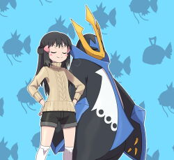 Rule 34 | 1girl, alternate costume, asatsuki (fgfff), black hair, black shorts, blue background, blush stickers, brown sweater, closed eyes, closed mouth, commentary request, creatures (company), dawn (pokemon), empoleon, game freak, gen 1 pokemon, gen 4 pokemon, hair ornament, hairclip, hands on own hips, highres, long hair, magikarp, nintendo, outline, over-kneehighs, pokemon, pokemon (creature), pokemon dppt, shorts, sidelocks, smile, sweater, thighhighs