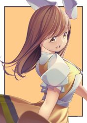 Rule 34 | 1girl, absurdres, artist name, artist request, bare shoulders, black border, blush, border, bow, breasts, brown eyes, brown hair, collared dress, dress, female focus, frilled skirt, frills, from behind, goodnight everyone!, goodnight everyone (love live!), hair between eyes, hair bow, highres, kunikida hanamaru, light brown hair, long hair, looking at viewer, looking back, love live!, love live! school idol festival, love live! sunshine!!, medium breasts, miniskirt, momochin, oyasumina-san!, oyasumina-san (love live!), parted lips, plaid, plaid dress, plaid skirt, pleated, pleated dress, pleated skirt, puffy short sleeves, puffy sleeves, short sleeves, sideboob, skirt, smile, solo, white background, white bow, wing collar, yellow background, yellow dress, yellow eyes, yellow skirt