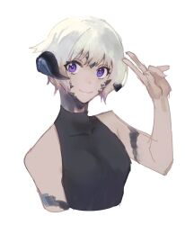 Rule 34 | 1girl, au ra, breasts, closed mouth, cropped torso, final fantasy, final fantasy xiv, gg dal, hand up, highres, horns, looking at viewer, monster girl, purple eyes, scales, short hair, simple background, small breasts, smile, solo, upper body, v, warrior of light (ff14), white background, white hair