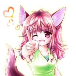 Rule 34 | 1girl, ;d, animal ears, bra, brown hair, dog ears, dog tail, fang, heart, one eye closed, open mouth, original, pointing, pointing at viewer, red hair, simple background, sleeveless, smile, tail, tsukiori sasa, underwear, upper body, white background