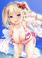 Rule 34 | 1girl, :d, akazawa red, bare shoulders, bikini, blue eyes, blue sky, breasts, brown hair, cleavage, day, dress shirt, fang, flower, hair flower, hair ornament, halterneck, hand on own thigh, large breasts, leaning forward, long hair, looking at viewer, nail art, nail polish, open clothes, open mouth, open shirt, original, outdoors, pink flower, revision, shirt, short sleeves, side-tie bikini bottom, sky, smile, solo, strap gap, striped bikini, striped clothes, sunlight, swimsuit, thighs, two side up, v, white shirt