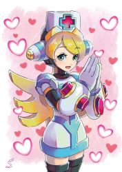 Rule 34 | 1girl, android, bad id, bad pixiv id, blonde hair, blush, capcom, cinnamon (mega man), cowboy shot, dated, green eyes, headgear, heart, highres, long hair, looking to the side, mega man (series), mega man x: command mission, mega man x (series), nurse, open mouth, own hands together, signature, smile, solo, standing, sumomo, thighhighs, zettai ryouiki