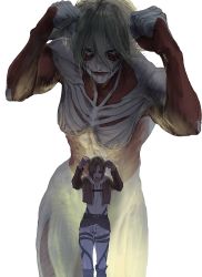 Rule 34 | 2girls, annie leonhart, blonde hair, blue eyes, brown jacket, clenched hands, closed mouth, cowboy shot, exposed muscle, female titan, fighting stance, highres, jacket, long sleeves, looking at viewer, multiple girls, pants, shingeki no kyojin, shirt, short hair, simple background, spoilers, standing, titan (shingeki no kyojin), white background, white pants, white shirt, zirwoissa