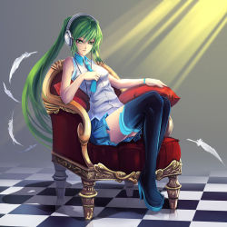 Rule 34 | 1girl, bad id, bad pixiv id, bare shoulders, black thighhighs, boots, chair, checkered floor, feathers, floor, full body, green eyes, green hair, hatsune miku, headphones, high heels, light, long hair, matching hair/eyes, pillow, ray of light, rinbukyoku, shadow, shoes, sitting, sleeveless, solo, thigh boots, thighhighs, twintails, vocaloid, zettai ryouiki