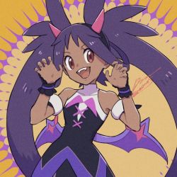Rule 34 | 1girl, :d, armlet, bare shoulders, black dress, black hairband, brown eyes, claw pose, commentary request, covered collarbone, creatures (company), dark-skinned female, dark skin, dress, eyelashes, game freak, hairband, hands up, horns, iris (fall 2022) (pokemon), iris (pokemon), long hair, nintendo, official alternate costume, open mouth, pokemon, pokemon masters ex, purple hair, sagemaru-br, signature, smile, solo, teeth, tongue, twintails, upper teeth only, wrist cuffs
