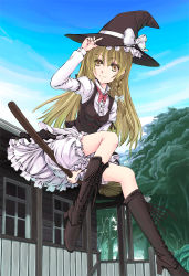 Rule 34 | 1girl, broom, broom riding, female focus, hat, kirisame marisa, long hair, sidesaddle, smile, solo, touhou, wild and horned hermit, witch, witch hat, yellow eyes, yunoka gashu