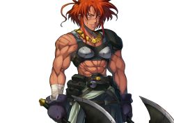 Rule 34 | 1girl, abs, alice soft, axe, blood, blood on face, blood on clothes, dark skin, dark-skinned female, double bladed axe, female focus, gloves, minerva margaret, muscular, muscular female, rance09: the helman revolution, rance (series), red hair, scar, skirt, solo, weapon