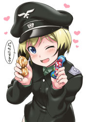 Rule 34 | 1girl, 501st joint fighter wing, blonde hair, blue eyes, erica hartmann, female focus, hat, heart, military, military uniform, one eye closed, peaked cap, short hair, solo, strike witches, translated, uniform, white background, world witches series, youkan