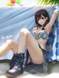 Rule 34 | 1girl, :d, arm up, armpits, ass, bare arms, bare legs, bare shoulders, belt, between legs, bikini, black footwear, black hair, boots, braid, breasts, brown eyes, chromatic aberration, cleavage, cocktail glass, cup, day, drinking glass, floral print, flower, food, fruit, hair flower, hair ornament, hair over shoulder, highres, knees up, large breasts, long hair, looking at viewer, open mouth, original, pineapple, sarong, shouhei, single braid, sitting, smile, solo, sunlight, swimsuit, thighs, twitter username, white bikini, white flower