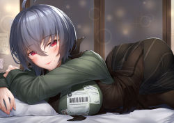 Rule 34 | 1girl, antenna hair, ass, bed, bed sheet, breasts, closed mouth, grey hair, hair between eyes, honkai (series), honkai impact 3rd, indoors, long hair, long sleeves, looking at viewer, lying, medium hair, mole, mole under mouth, on stomach, pillow, raven (honkai impact), red eyes, smile, solo, window, xfate
