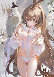Rule 34 | 1girl, absurdres, ahoge, akizero1510, bow, breasts, brown eyes, brown hair, closed mouth, cowboy shot, feather hair ornament, feathers, flower, hair between eyes, hair ornament, highres, holding, hololive, hololive english, long hair, long sleeves, mannequin, medium breasts, multicolored hair, nanashi mumei, navel, panties, ponytail, puffy long sleeves, puffy sleeves, solo, standing, stomach, streaked hair, tape measure, underwear, very long hair, virtual youtuber, white bow, white flower, white panties
