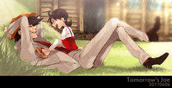 Rule 34 | 1boy, 1girl, age difference, ashita no joe, black hair, brown hair, chest sitting, child, dress, happy, red dress, sachi, sandals, sitting, sitting on person, twintails
