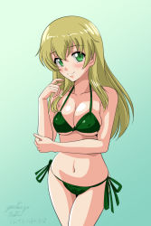 Rule 34 | 1girl, arm grab, artist name, bikini, blonde hair, blush, breasts, carpaccio (girls und panzer), cleavage, closed mouth, cowboy shot, dated, girls und panzer, gradient background, green background, green bikini, green eyes, hand in own hair, head tilt, long hair, looking at viewer, matsui yasutsugu, medium breasts, navel, one-hour drawing challenge, side-tie bikini bottom, signature, skindentation, smile, solo, standing, swimsuit