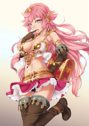 Rule 34 | 10s, 1girl, boots, breasts, chain chronicle, cleavage, elbow gloves, finger in own mouth, gloves, highres, jason kong, jewelry, long hair, messy hair, nimpha (chain chronicle), pectorals, pink hair, skirt, solo, treasure