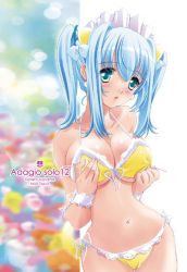 Rule 34 | 1girl, bikini, blue eyes, blue hair, blush, breast hold, breasts, bubble, cameltoe, cleavage, cover, earrings, female focus, front-tie top, fur, hair ornament, hip focus, jewelry, lace, large breasts, lipstick, lowleg, lowleg bikini, maid headdress, makeup, matching hair/eyes, nature, navel, open mouth, outdoors, side-tie bikini bottom, solo, standing, sugiyama genshou, swimsuit, twintails, underboob, wide hips, wrist cuffs
