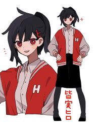 Rule 34 | 1girl, black hair, blush stickers, collared shirt, full body, hair ornament, hands on own hips, highres, jacket, letterman jacket, long sleeves, maco22, multiple views, open mouth, original, pantyhose, ponytail, red eyes, shirt, shirt tucked in, skirt, smile, translation request