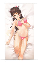 Rule 34 | 1girl, animal ear headphones, animal ears, animal print, arm at side, bare shoulders, bed, bed sheet, bikini, bodypaint, breasts, brown eyes, brown hair, cat ear headphones, cat ears, clenched hand, closed mouth, collarbone, d.va (overwatch), eyebrows, facepaint, facial mark, fake animal ears, groin, hand on own chest, hand up, headphones, headset, highres, kc-flyhigh, knee up, long hair, lying, matching hair/eyes, medium breasts, navel, on back, overwatch, overwatch 1, pink bikini, rabbit print, solo, stomach, swimsuit, whisker markings