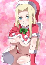 Rule 34 | 1girl, absurdres, blonde hair, blue eyes, bow, breasts, capelet, christmas, earrings, fur trim, gloves, hand on own chest, hara (harayutaka), hat, highres, jewelry, large breasts, looking at viewer, navel, original, panties, pom pom (clothes), red gloves, red panties, santa costume, santa hat, sidelocks, sitting, smile, solo, thighhighs, thighs, underwear, white thighhighs, yokozuwari