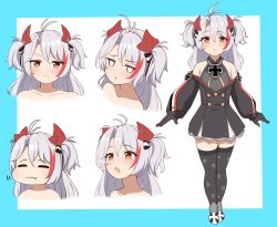 Rule 34 | 1girl, :t, absurdres, antenna hair, azur lane, bare shoulders, black dress, black gloves, blue background, blush, brown eyes, closed eyes, closed mouth, collared shirt, commentary request, dress, eating, gloves, grey hair, grey shirt, hair between eyes, headgear, highres, jitome, little prinz eugen (azur lane), long hair, long sleeves, moyoron, multicolored hair, multiple views, off-shoulder dress, off shoulder, open mouth, parted bangs, parted lips, puffy long sleeves, puffy sleeves, red hair, shirt, sleeveless, sleeveless shirt, standing, streaked hair, thighhighs, two-tone background, two side up, v-shaped eyebrows, wavy mouth, white background