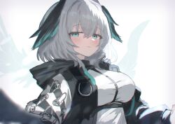 Rule 34 | 1girl, absurdres, aqua eyes, aqua wings, arknights, black jacket, blurry, blurry foreground, blush, breasts, commentary, delfino, dress, feathered wings, grey hair, hair between eyes, head wings, highres, ho&#039;olheyak (arknights), hood, hooded jacket, jacket, large breasts, looking at viewer, portrait, short hair, simple background, smile, solo, upper body, white background, white dress, white jacket, wings