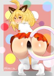 Rule 34 | 10s, animal ears, blonde hair, blush, cat ears, cat tail, fur collar, heavy breathing, highres, kemono friends, lion (kemono friends), lion ears, lion tail, looking back, skirt, solo, tail, tame (tame-97), thighhighs