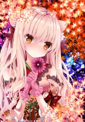 Rule 34 | 1girl, abstract background, animal ears, autumn leaves, bad id, bad pixiv id, bare shoulders, blonde hair, blush, bow, breasts, brown eyes, cat ears, closed mouth, commentary request, detached sleeves, flower, flower request, gloves, gradient hair, green ribbon, hair between eyes, hair bow, head tilt, holding, holding flower, japanese clothes, kimono, lace trim, leaf print, light particles, long hair, long sleeves, looking at viewer, medium breasts, multicolored hair, nanase kureha, nanase nao, original, pink gloves, pink hair, red bow, ribbon, sleeveless, sleeveless kimono, tareme, upper body, very long hair, w arms, wavy hair
