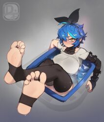 Rule 34 | 1girl, artist logo, black bow, black gloves, black hairband, black thighhighs, blue hair, blush, bow, breasts, bridal gauntlets, brown eyes, closed mouth, collarbone, commentary, crossed legs, dif (difman), difman, english commentary, feet, foot focus, foreshortening, full body, gloves, grey background, grey shirt, hair bow, hair over one eye, hairband, highres, jewelry, large breasts, legs, legs up, looking at viewer, mole, mole under eye, multicolored hair, no shoes, original, parted bangs, shirt, short hair, short sleeves, single glove, soles, solo, stirrup legwear, streaked hair, thighhighs, toe ring, toeless legwear, toenails, toes, water, water drop, wet
