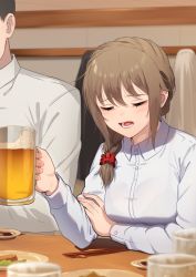 Rule 34 | 1boy, 1girl, alcohol, beer, beer mug, blurry, blurry background, blurry foreground, bralines, brown hair, chopsticks, commentary, cup, depth of field, dress shirt, drinking glass, closed eyes, frown, hair ornament, hair over shoulder, hair scrunchie, holding, holding cup, idolmaster, idolmaster cinderella girls, indoors, kamille (vcx68), long sleeves, medium hair, mug, open mouth, out of frame, plate, red scrunchie, scrunchie, senkawa chihiro, shirt, table, white shirt, wing collar