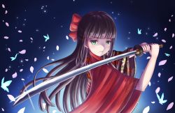 Rule 34 | 1girl, alternate costume, artist name, artist request, black hair, black kimono, blue butterfly, blunt bangs, bow, breasts, bug, butterfly, corset, female focus, floral print, flower print, green eyes, hair bow, hair ornament, hairclip, hairpin, half updo, highres, hime cut, holding, holding sword, holding weapon, insect, japanese clothes, katana, kimono, kurosawa dia, long hair, long sleeves, looking at viewer, love live!, love live! school idol festival, love live! sunshine!!, mole, mole under mouth, obi, perfect sekai, perfect sekai (love live!), petals, pink petals, plaid, plaid kimono, red bow, red kimono, sash, solo, striped, striped bow, sword, teeth, two-tone kimono, upper body, weapon, wide sleeves