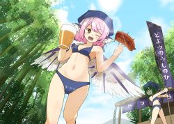 Rule 34 | 2girls, alcohol, animal ears, antennae, bamboo, bamboo forest, bare arms, bare legs, bare shoulders, be yu, beer, beer bottle, bikini, bird ears, bird wings, blue bikini, blush, brown eyes, collarbone, cup, earrings, food, food stand, forest, green hair, head scarf, highres, holding, holding cup, holding food, jewelry, multiple girls, mystia lorelei, nature, navel, okamisty, one eye closed, open mouth, pink hair, short hair, single earring, smile, swimsuit, touhou, white wings, wings, wriggle nightbug, yatai