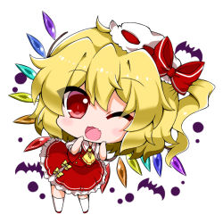 Rule 34 | 1girl, :d, ascot, bad id, bad pixiv id, bat (animal), blonde hair, blush, bow, chibi, dress, eyebrows, flandre scarlet, frilled dress, frills, full body, hat, hat bow, leaning forward, looking at viewer, mini hat, mob cap, noai nioshi, one eye closed, one side up, open mouth, puffy short sleeves, puffy sleeves, red bow, red dress, red eyes, short sleeves, simple background, smile, solo, standing, thighhighs, touhou, white background, white thighhighs, wings, yellow bow