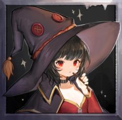 1girl annyeongbangawo black_hair black_hat blush brown_collar closed_mouth collar food frown hat holding holding_food holding_pocky kono_subarashii_sekai_ni_shukufuku_wo! large_hat megumin pocky red_eyes short_hair solo sparkle upper_body witch_hat