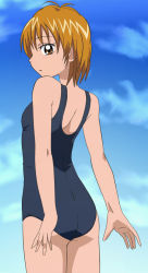 Rule 34 | 00s, 1girl, antenna hair, arms behind back, ass, back, bare legs, bare shoulders, blush, cloud, day, eyelashes, flat ass, flat chest, futari wa precure, looking at viewer, looking back, matching hair/eyes, misumi nagisa, oimanji, one-piece swimsuit, orange eyes, orange hair, outdoors, precure, profile, school swimsuit, short hair, sky, solo, standing, swimsuit