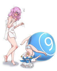 Rule 34 | 2girls, alternate hair color, ass, bakuya, ball, bare legs, barefoot, blue eyes, bow, butt crack, circled 9, cirno, dress, exercise ball, faceplant, failure, hair bow, highres, legs, letty whiterock, multiple girls, naked towel, panties, pink hair, short hair, simple background, star (symbol), striped clothes, striped panties, tears, touhou, towel, underwear, white background, white hair, you&#039;re doing it wrong